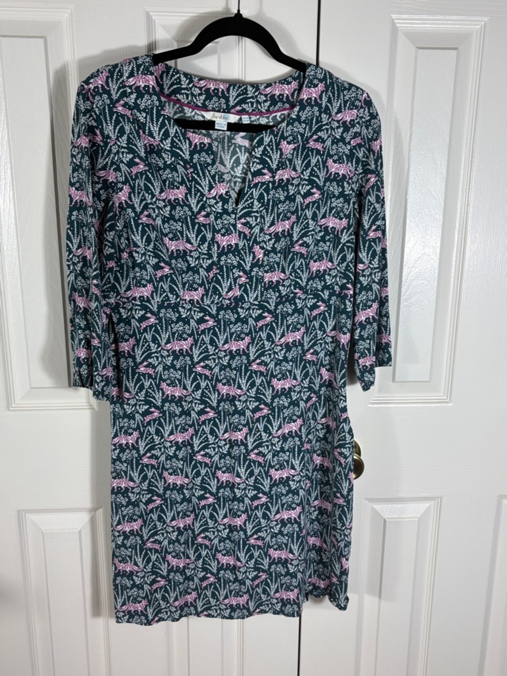 Boden Green Dress with Pink Floral fox, and rabbit Print 3/4 sleeves size 10